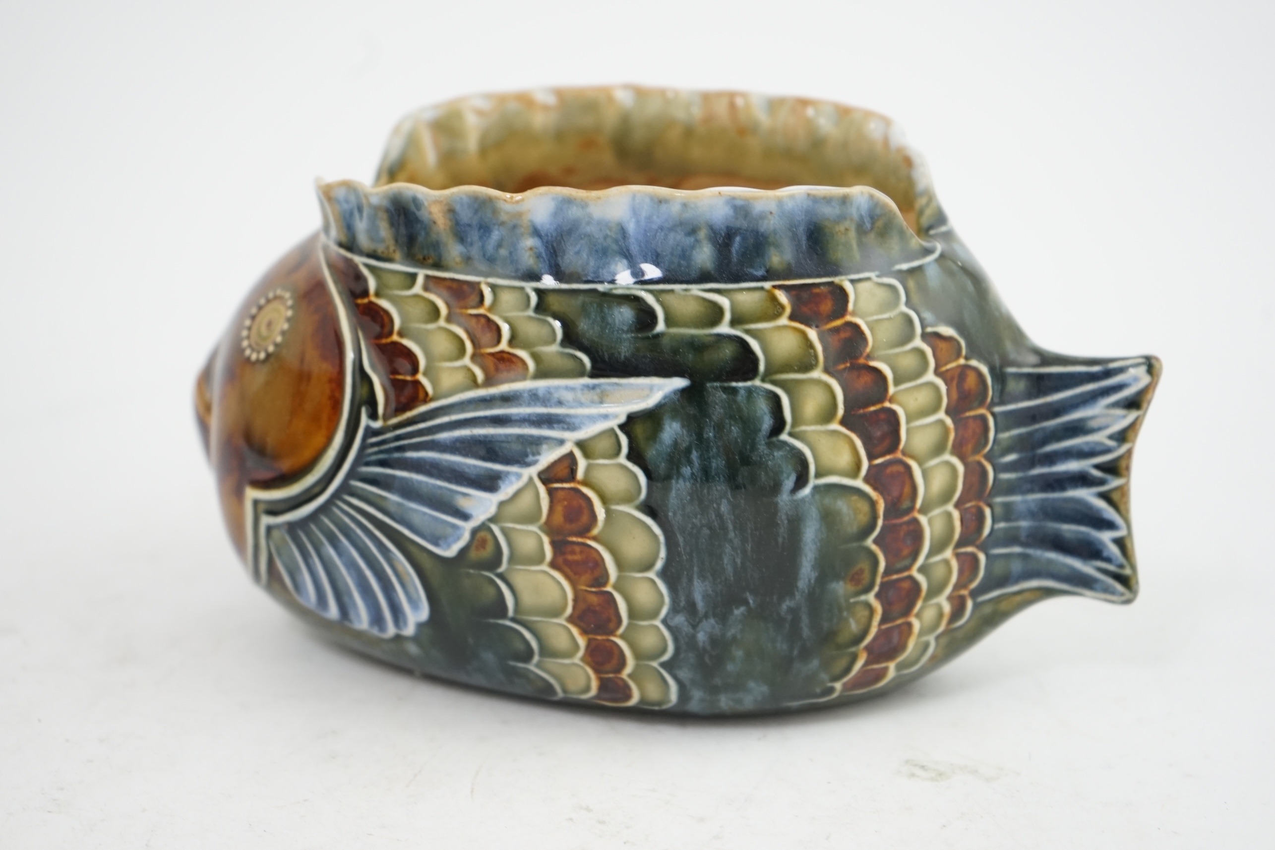 A Doulton Lambeth stoneware bowl, decorated by Mark V. Marshall, modelled as a fish